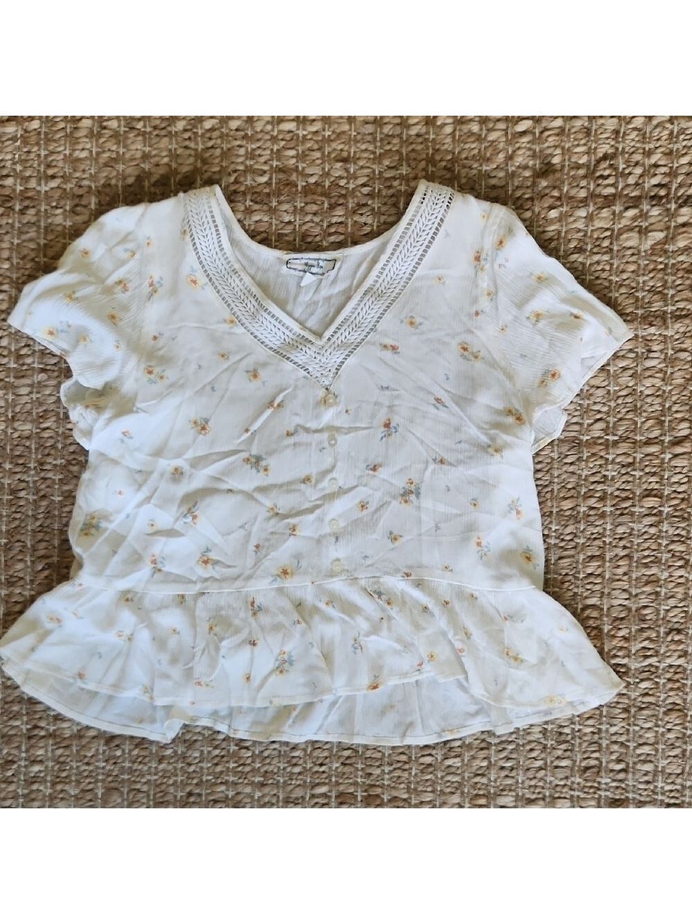 Hippie Rose White Yellow Floral Boho Whimsy Cotton Blouse Peplum V-Neck Small